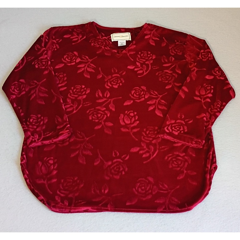 Jaclyn Smith Classic Womens Red Velvet Burnout Floral Button Top Size M Holiday